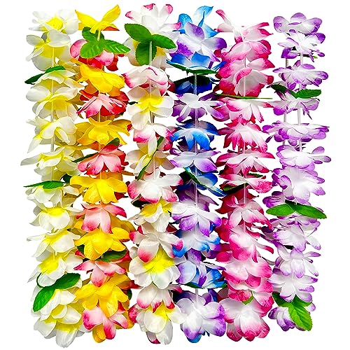 FreshDear 6 Counts Hawaiian Leis Flower, Leis Necklace Hawaiian For Kids or Adults luau Party Supplies, Summer Beach Vacation,Theme Party Decorations, Birthday, Graduation,Wedding.