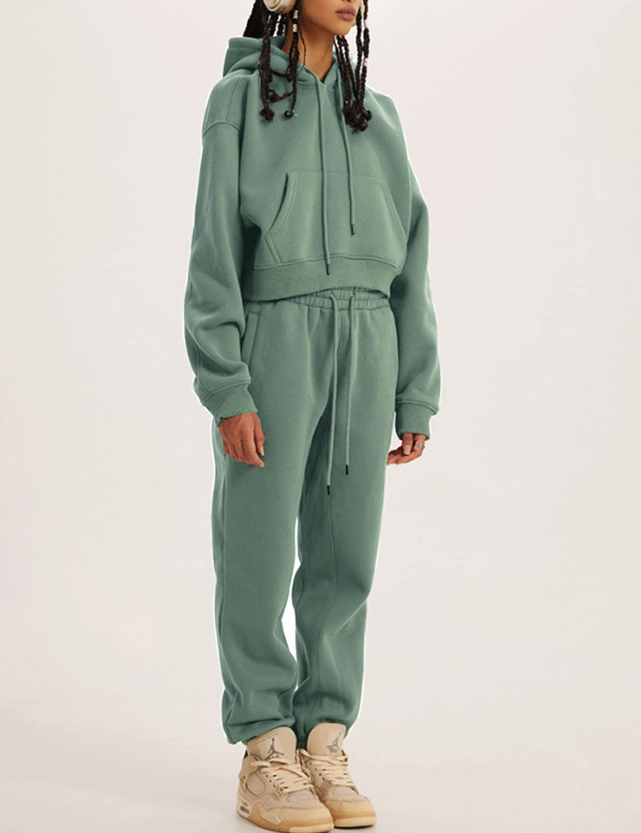 Damskie 2-częściowe stroje bluzy z kapturem krótki pulower i spodnie joggery polar dres zestaw dresowy, Zielona fasola, L