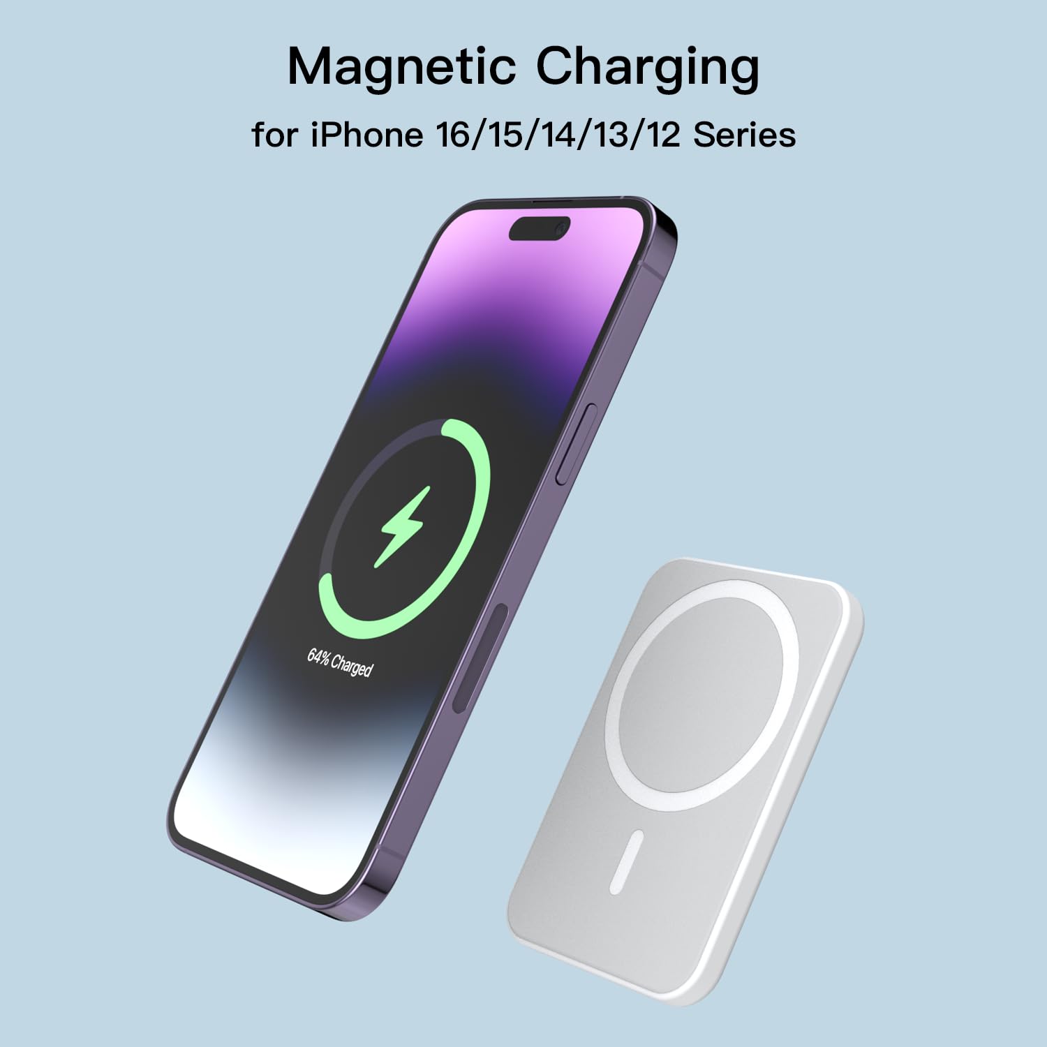 Power Bank Magnétique 5000mAh Sans Fil – Compatible IPhone 16 à 11, Blanc, LED