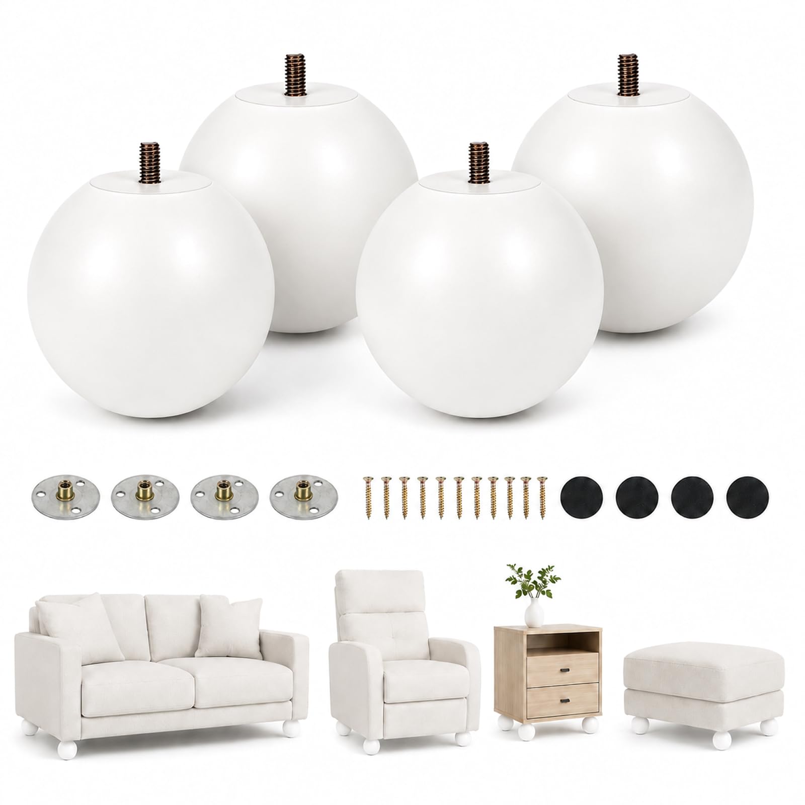 Wooden Furniture Legs Set of 4, 11x10 cm Round White Sofa Huge Bun Feet