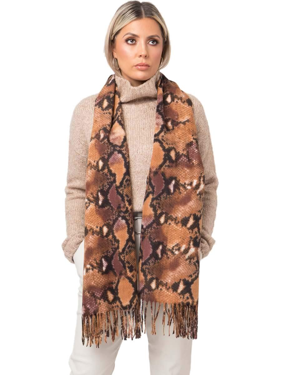 Pia Rossini Women's Black & Brown Snakeskin Print Scarf With Fringe Detail ~ Juliana