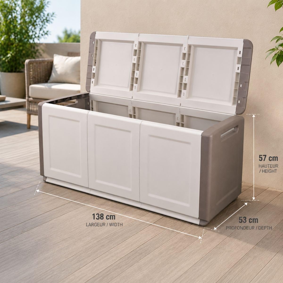 INTEC Coffre de Rangement 330L 138 x 53 x H57cm Beige/Taupe Poignées de Transport polypropylène