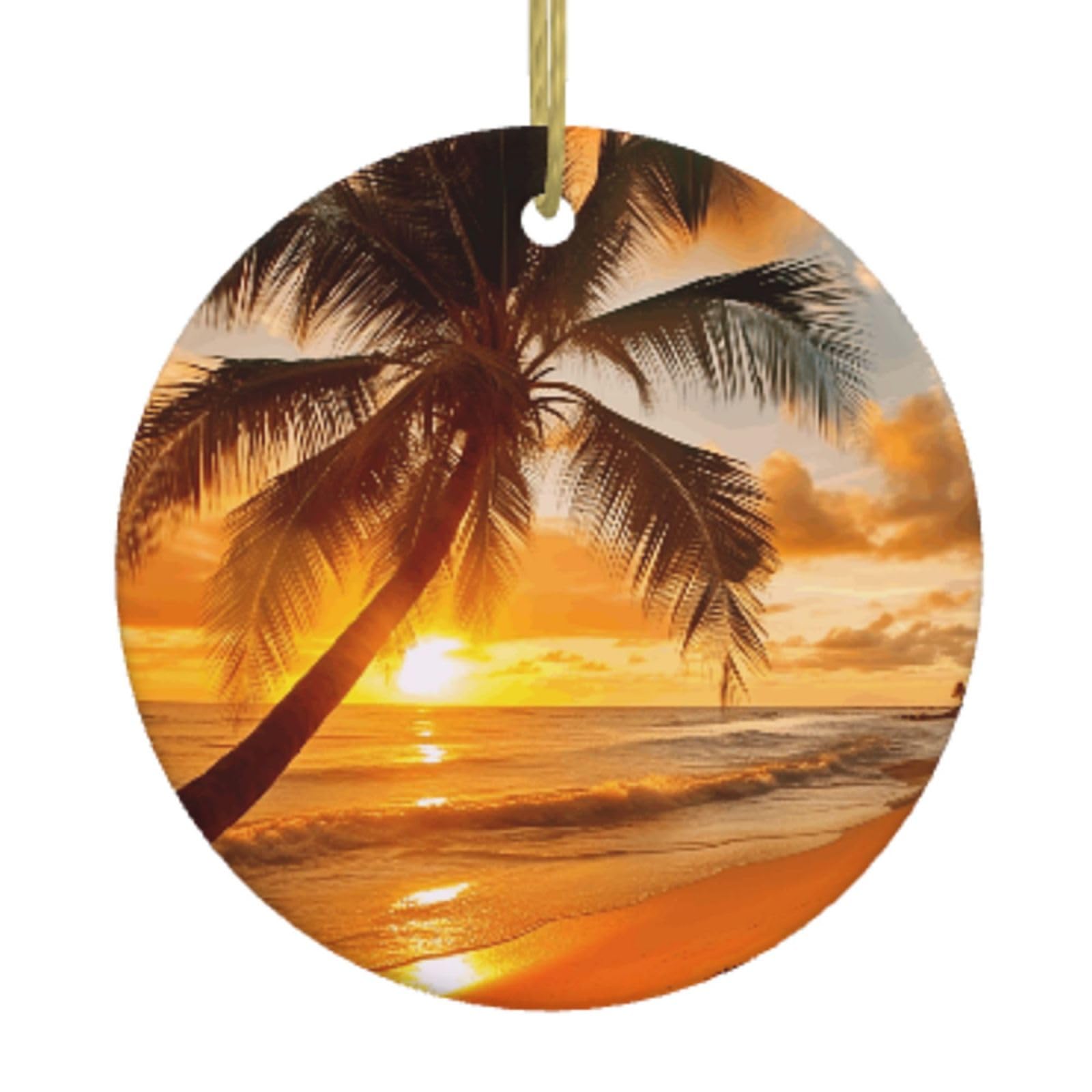 Ceramic Christmas Tree Hanging Ornaments with Gold Ropes Christmas Tree Decorations Round Ceramic Tropical Beach Palm Tree Sunset Pendant Keepsake Decorations for Holiday Xmas Gift Ideas