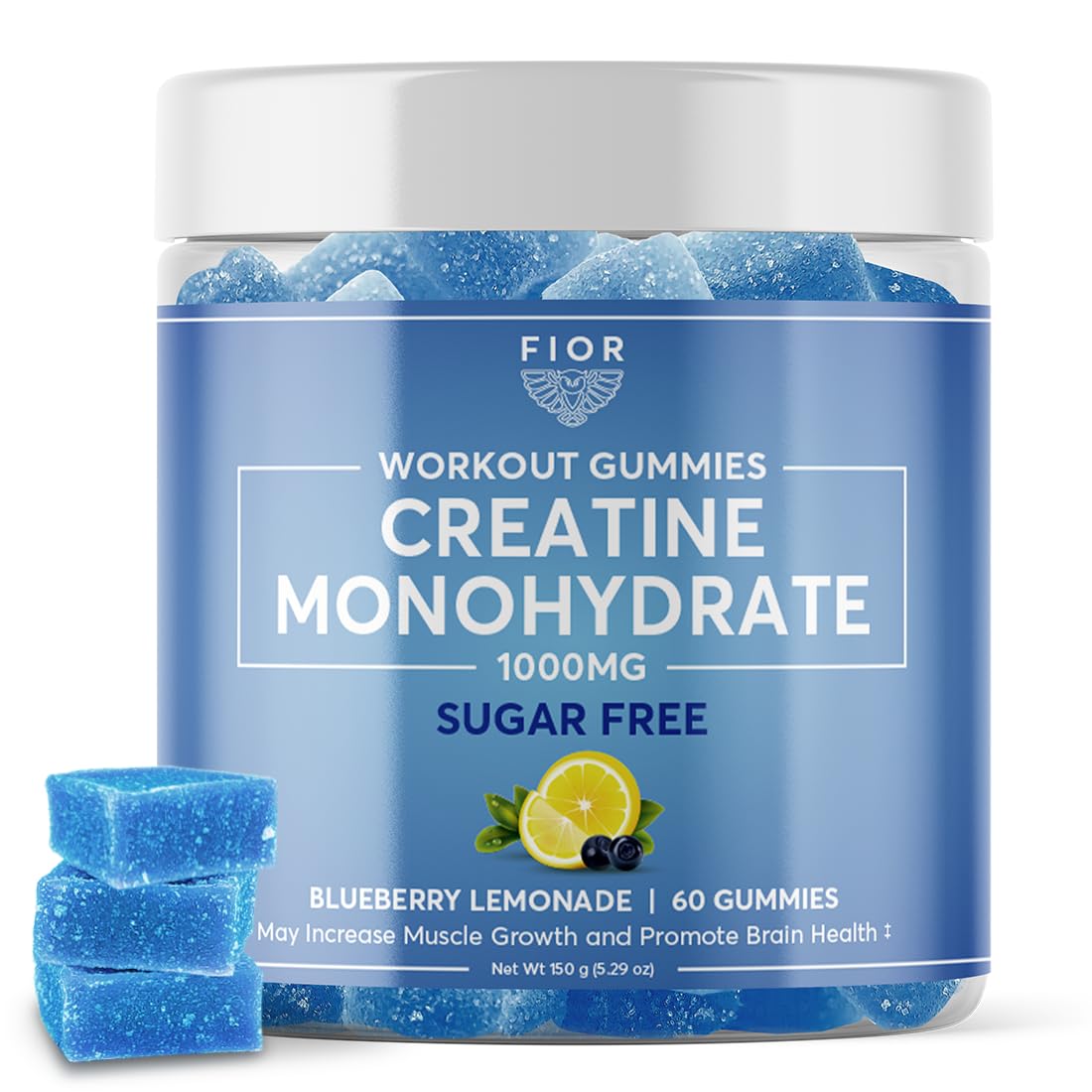 FIOR Sugar-Free Creatine Gummy - Best Creatine Monohydrate Chewable, 60 Count, Workout & Protein Supplement, Cognitive Enhancement, Blueberry Lemonade Flavor, 30 Servings