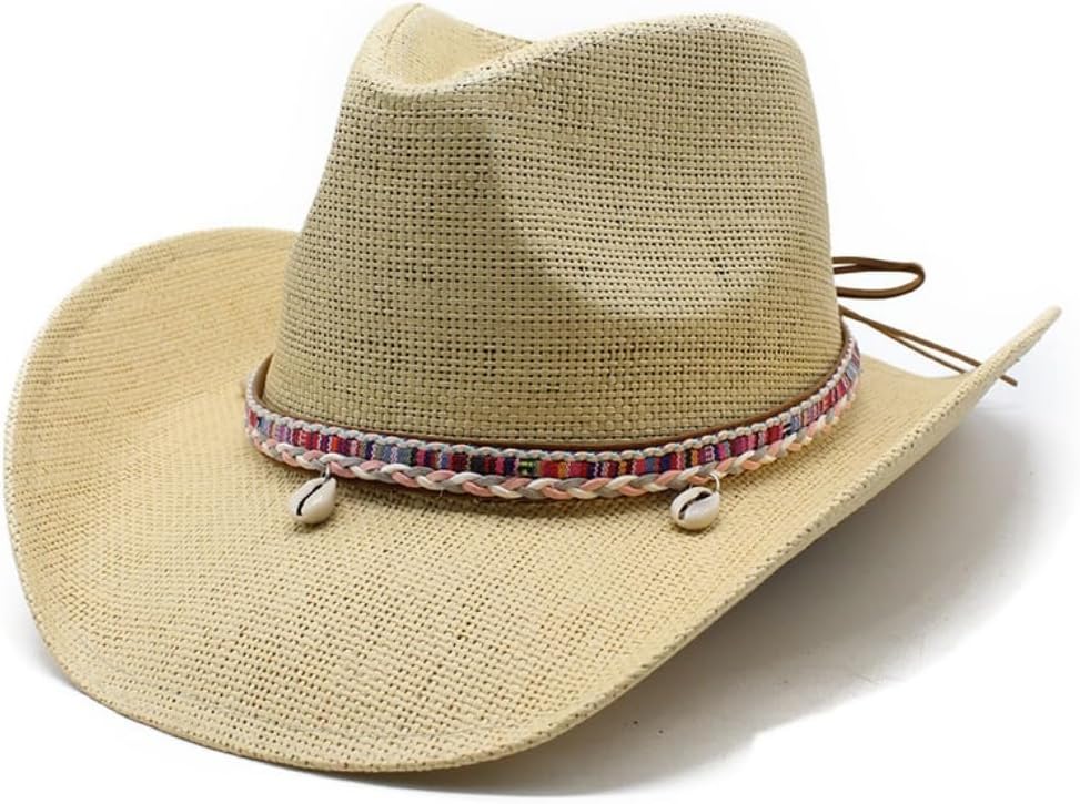 Western Cowboy Hat with Decorative Band, Woven Straw, Distressed Tan Brim, Summer Sun Protection