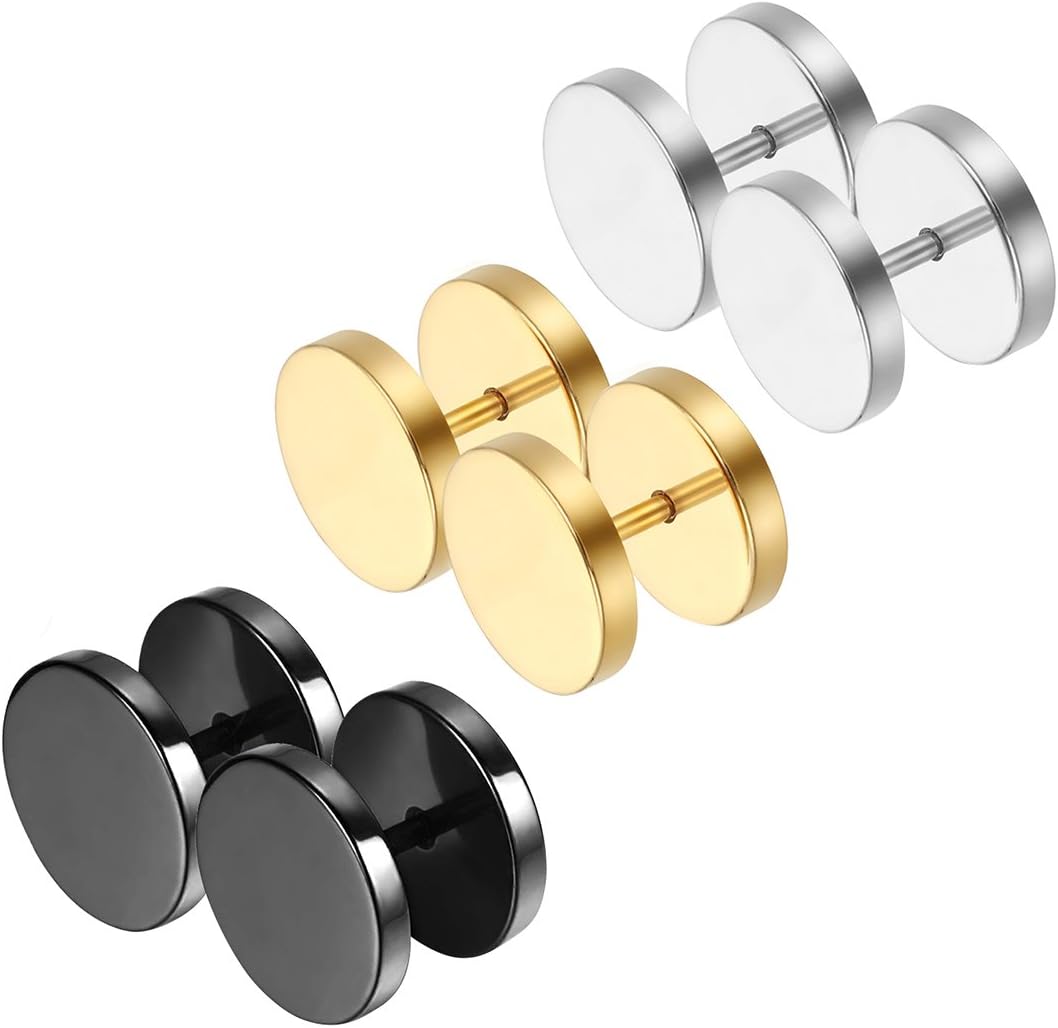 Cupimatch 3Pairs 3mm-12mm Screw Stud Earrings Mens Stainless Steel Cheater Fake Ear Plugs Gauges Illusion Tunnel, Black/Silver/Gold for Valentine's Day - Image 3
