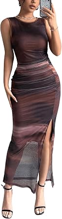 GORGLITTER Womens Tie Dye Mesh Bodycon Dress Ruched Split Thigh Party Maxi Dresses