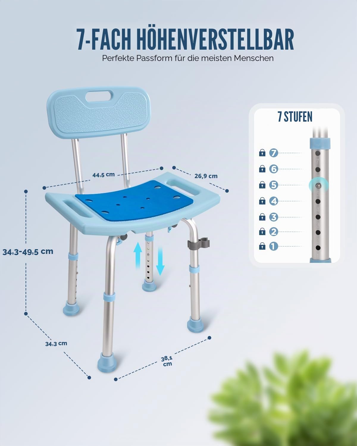 Duschhocker mit Abnehmbarer Rückenlehne, Duschstuhl für Senioren 150KG Belastbar, Höhenverstellbar 34-50cm, Aluminium Duschsitz, Badestuhl, Badehocker für Badewannen