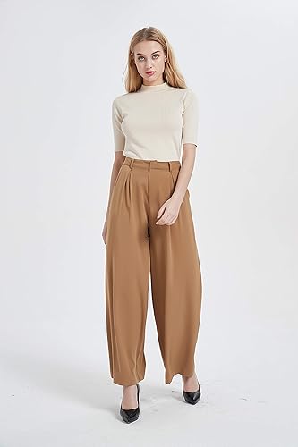 Miniatura 4 de Tronjori Pantalones largos palazzo de pierna ancha casual de cintura alta para mujer, tamaño regular