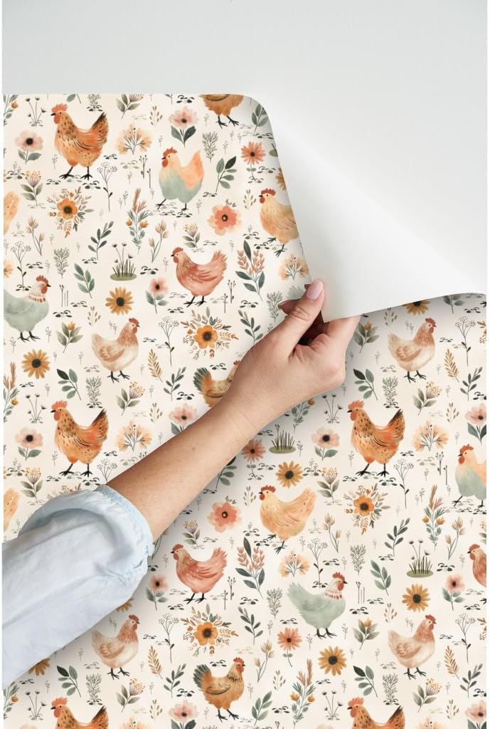 Peel & Stick Wallpaper 3ft x 2ft - Pastel Hens Farmhouse Spring Florals Medium Watercolor Easter Bohemian Baby Chicken Boho Custom Removable Wallpaper by Spoonflower