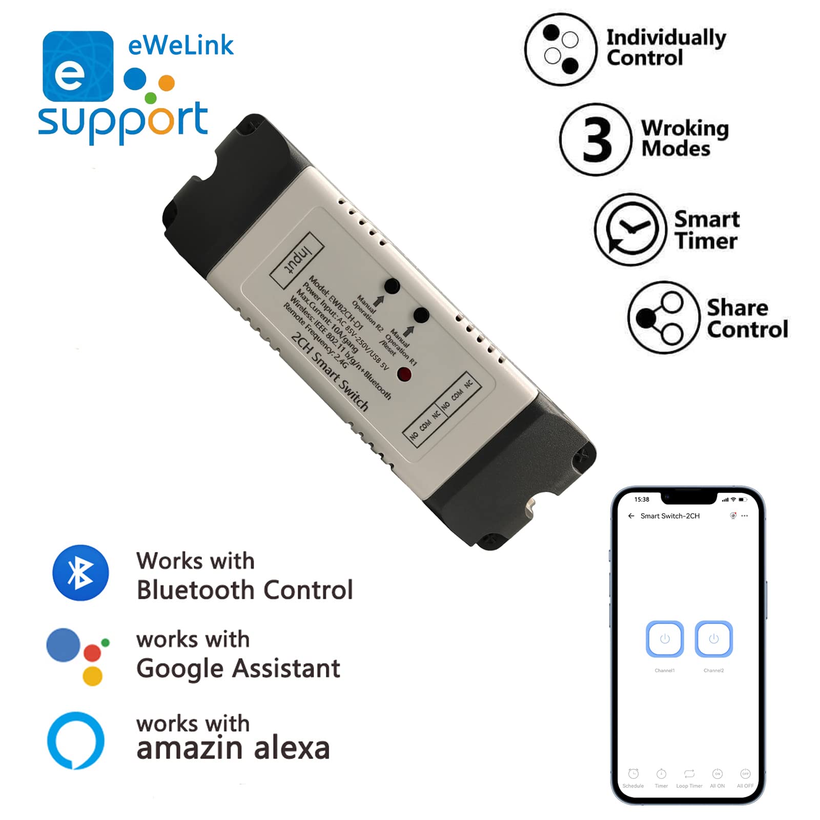 Jane Eyre 2 Channel USB 5V/AC85V-250V Smart WiFi Switch Relay Inching/Self-Locking Switch Module DIY Smart Home, Support eWeLink APP Control, Compatible with Alexa Google Home