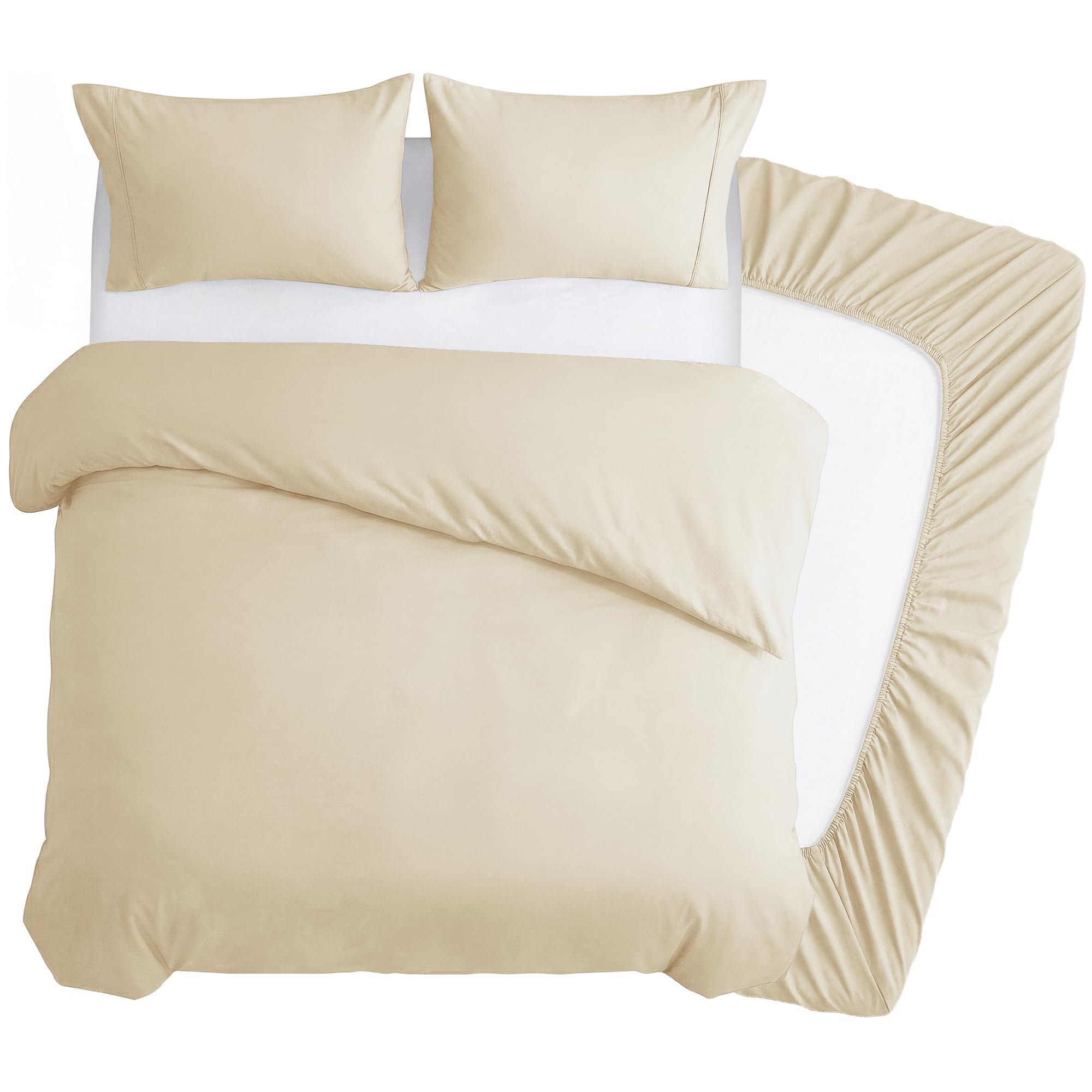 Deconovo 4 Piece Double Duvet Set, Brushed Microfibre Double Duvet Cover Set with 35cm Deep Fitted Sheet and 2 Pillowcases, Soft Bed Sheets for Double Bed - Beige