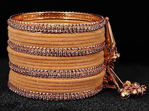 Image of NMII Metal with Zircon Gemstone and Velvet Studded Bells Latkan Bangles Set For Girls and Women I Latkan Bangles, Premium Bangle Bracelet Set I Pack of 16 Bangles