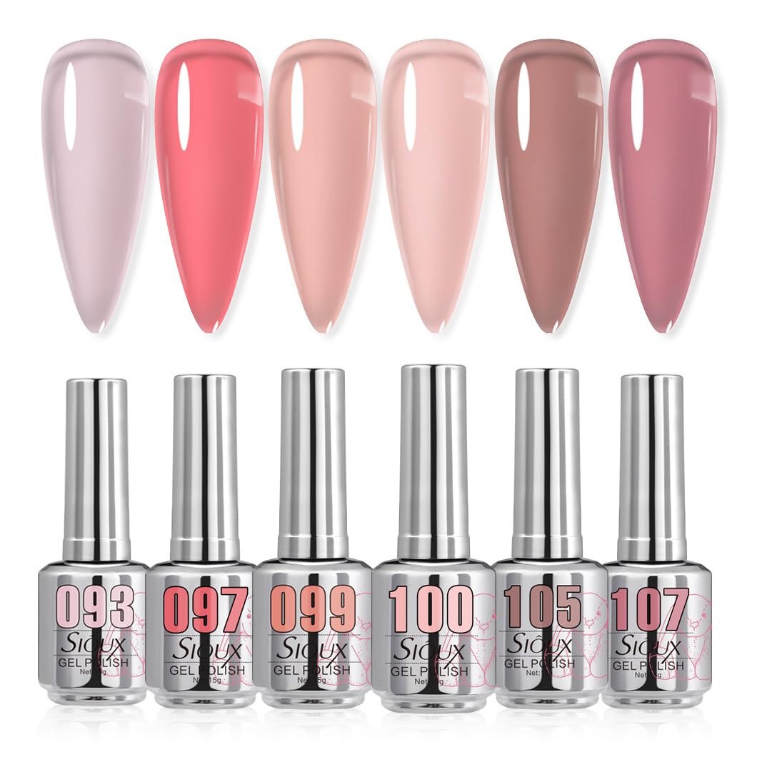 6 Pcs Sioux Gel Nail Polish Sets, Jelly Nude, Sheer Mixed Colour