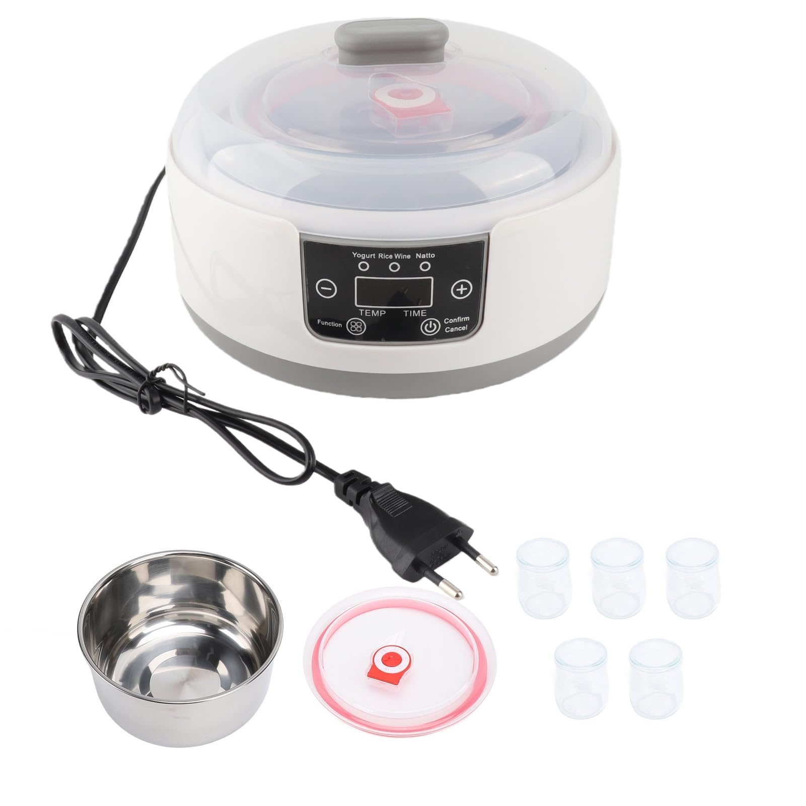 Elektryczna Maszyna do Jogurtu 1,2 L, ze Stali Nierdzewnej, do Domowego Jogurtu i Natto, z 5 Słoikami z Hermetycznymi Pokrywkami, Dostosowywalnej fermentacji. (wtyczka UE 100-240V)