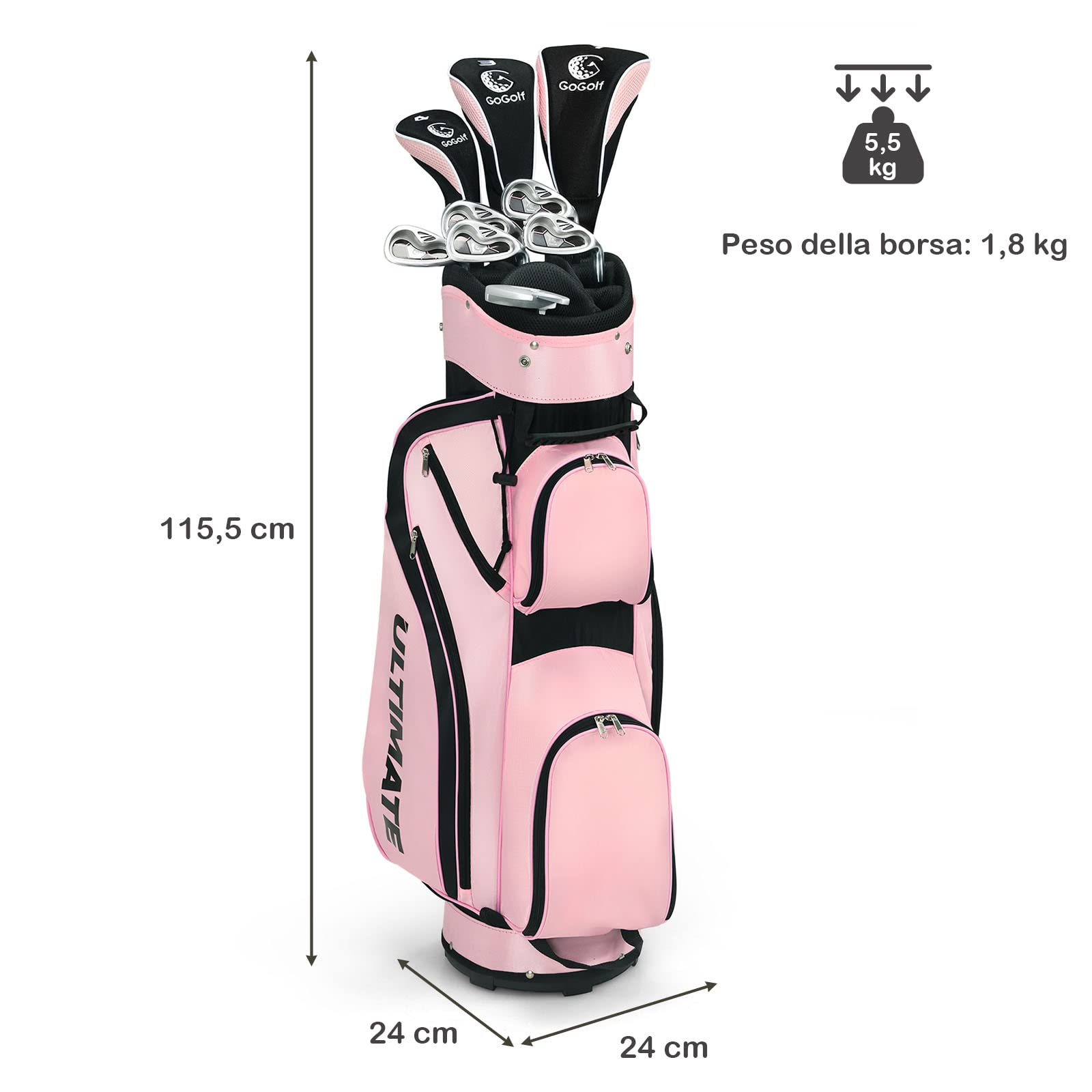 COSTWAY Set di Mazze da Golf per Donne, Include Driver in Lega di Alluminio, Legno da Fairway 3, Ibrido 4, Ferri 6, 7, 8 e 9, Putter, Sacca da Golf con Cinghie, Rosa, 24 x 24 x 115,5 cm