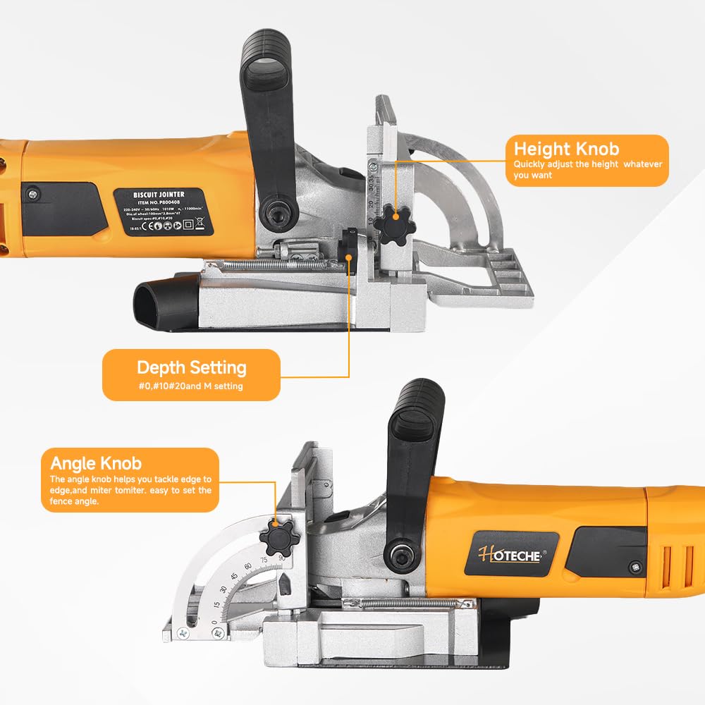 Hoteche 1010W Holz Schlitzfräse - Flachdübelfräse mit 100mm Sägeblatt, 11000rpm, 220-240V - Ideal für Holzplatten, Sperrholz, MDF & mehr - Inklusive Staubbeutel und Zubehör - Max. Schnitttiefe 20mm