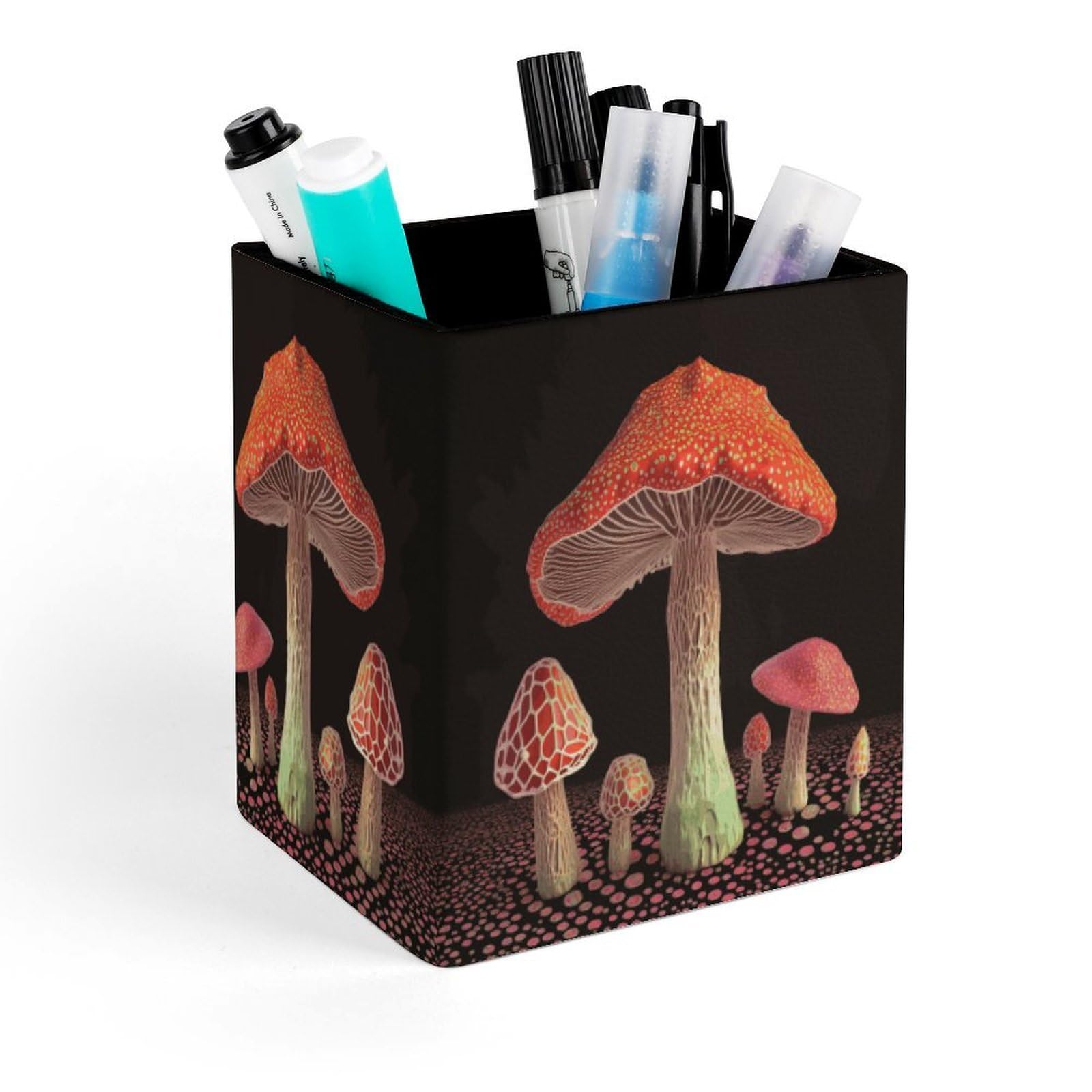 FekiLoot Mushroom Pencil Holder for Desk Square Leather Pen Holder Cup Desktop Organizer Multi-Functional Pencil Cup Holders Modern Decorative Desk Organizer Caddy Makeup Brush Holders