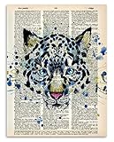 Upcycled Dictionary Art - Snow Leopard - Classic Office and Home Decor, Library Water Color Wall Art, Animal Print Vintage Book Page Bedroom Decoration, 8.5x11 Unframed Art Poster