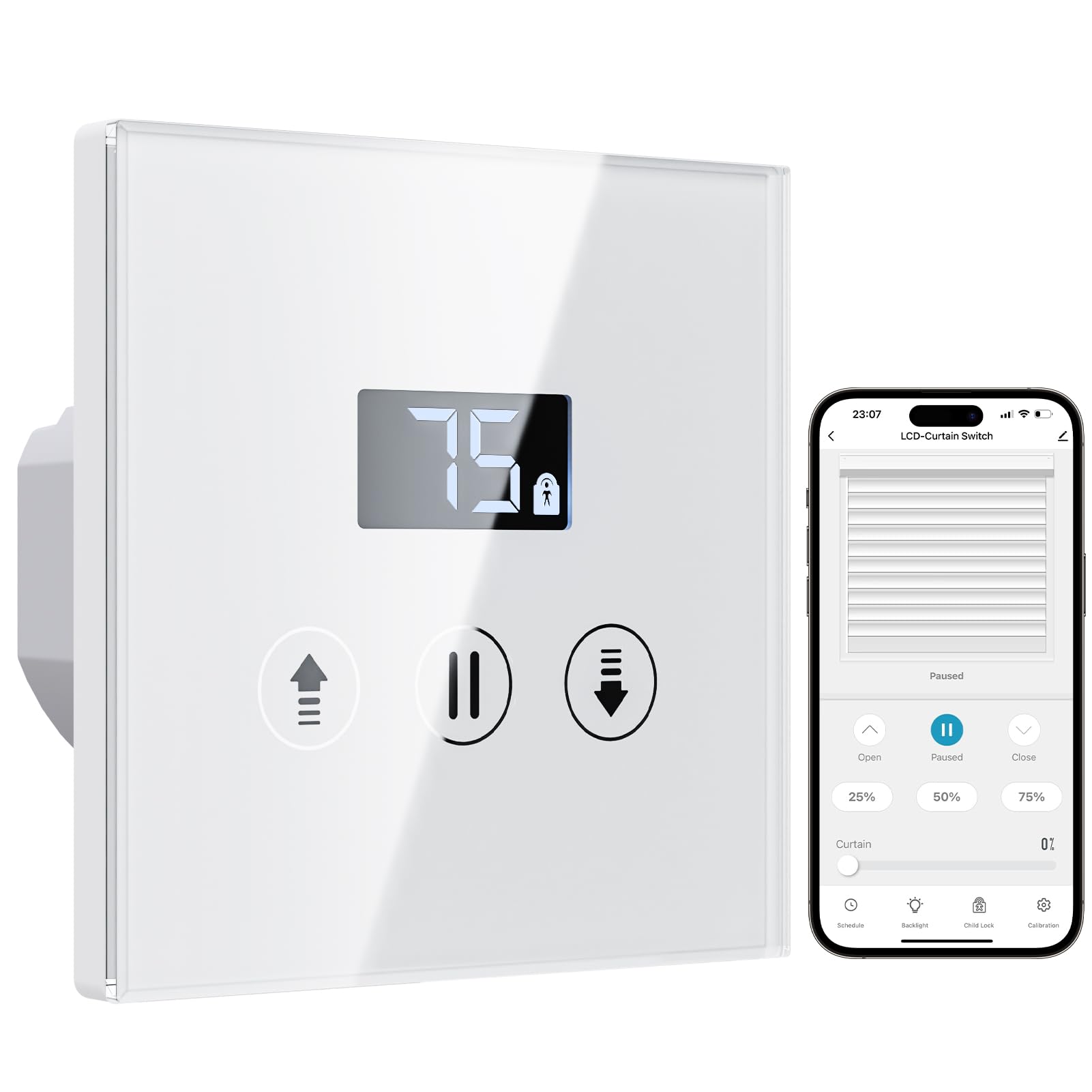 Interrupteur Volet Roulant Connecté, 80 * 80 mm Interrupteur Tactile de Stores Compatible avec Alexa/Google Home, Équipé un Écran LCD en Pourcentage Contôle à Distance (Fil Neutre Requis)