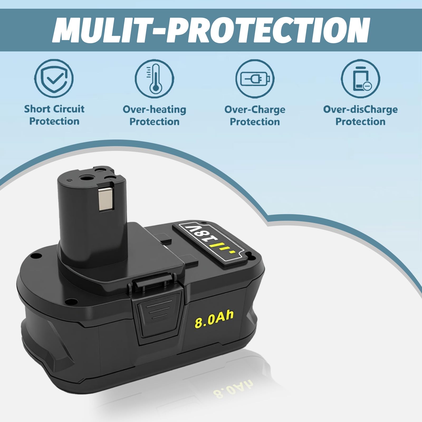 Batería de repuesto de 8,0 Ah para batería de 18 V, batería de iones de litio de alta capacidad con indicador LED, compatible con ONE+ 18 V Cordless Power Tools, con protección contra sobrecarga