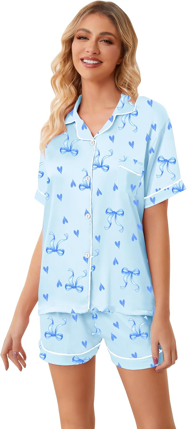 Umeyda Women & Girls Pajamas Set, Soft Satin Lightweight Silk Button-Down Top with Shorts 2 Piece PJS for Mom Boys Kids Gifts
