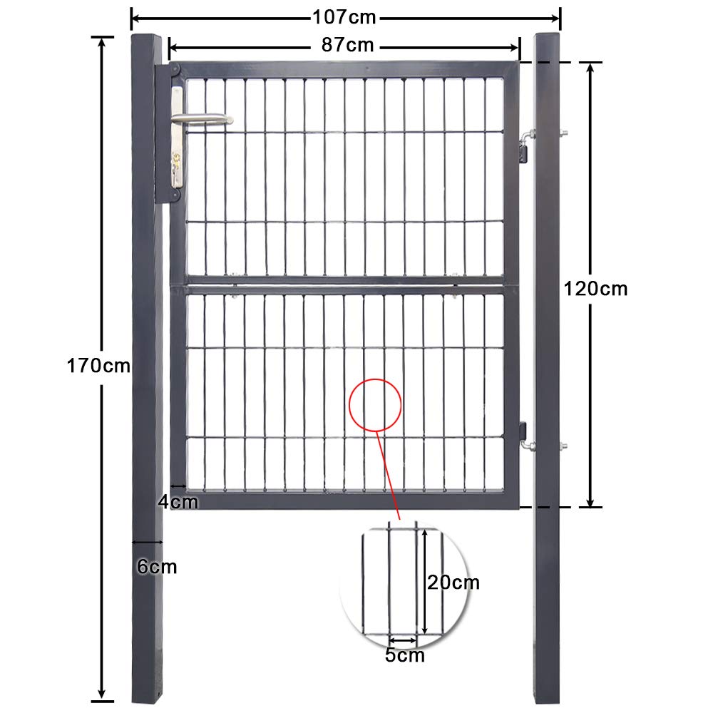 Randaco Puerta de Jardín, 120x100cm de Acero Galvanizado Puerta para Valla, Puerta de patio, Robusta y Duradera, con Cerradura, Manija y 3 Llave, Gris