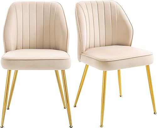 DRAGON GATE Juego de 2 sillas de comedor beige modernas sillas laterales tapizadas de terciopelo sin brazos silla decorativa con patas de metal
