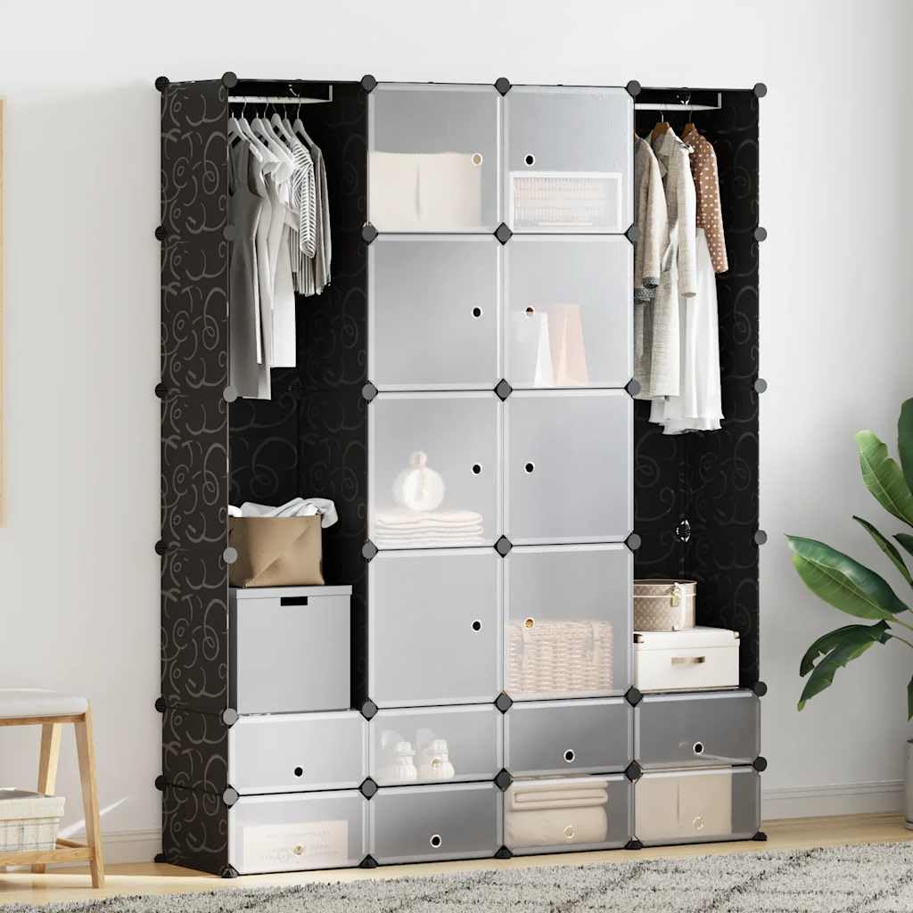 Modularer Schrank mit 18 Fächern schwarz weiß 37x146x180,5cm vielseitiger Stauraum für Schlafzimmer Kinderzimmer Flur Organizer mit Schubladen und Kleiderstange