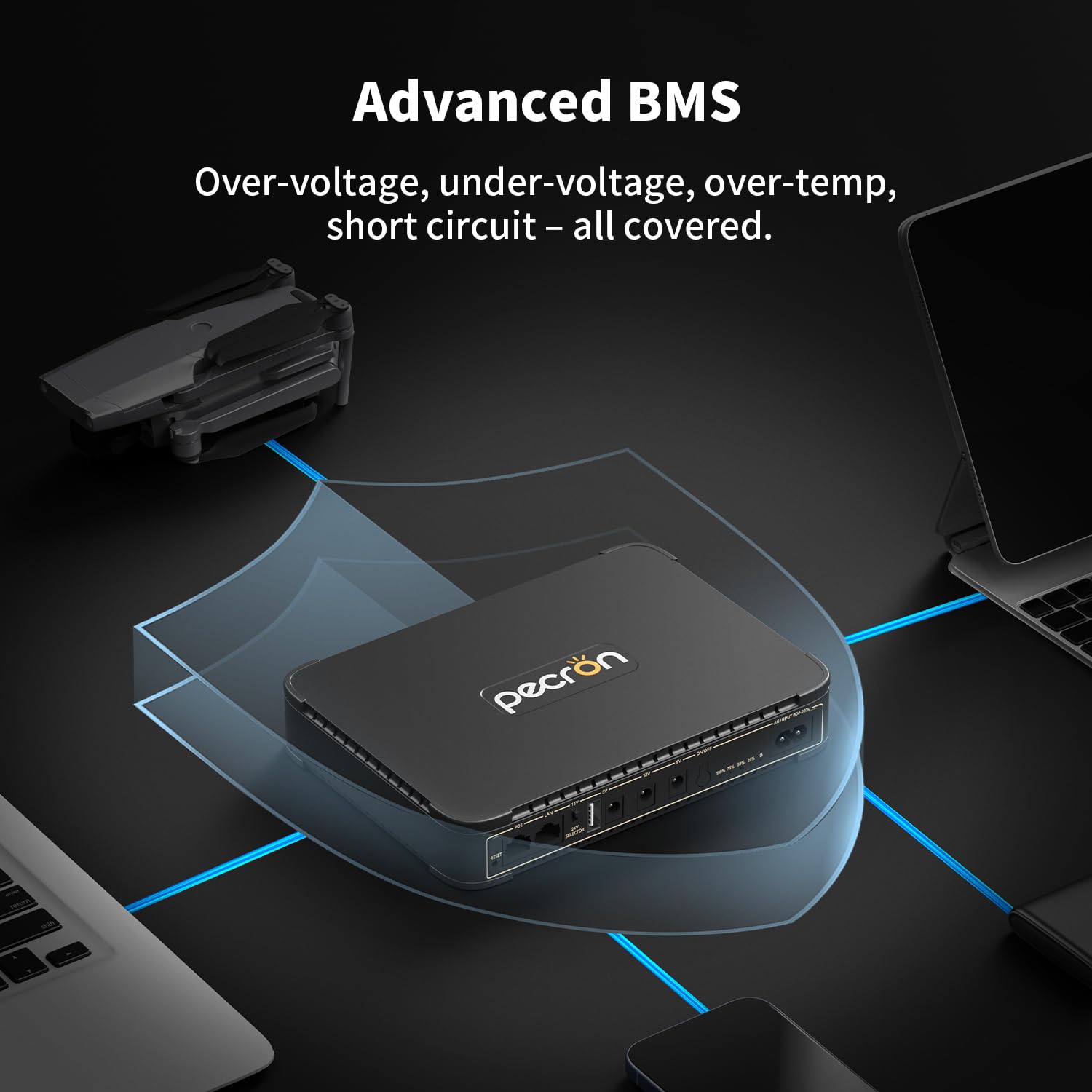 Pecron D77 DC UPS Batería de respaldo, 76.96Wh UPS pequeño para router WiFi/módem/cámara de seguridad/teléfono, fuente de alimentación ininterrumpida con puerto PoE, 5V/9V/12V DC5521 puerto, 5V USB-A