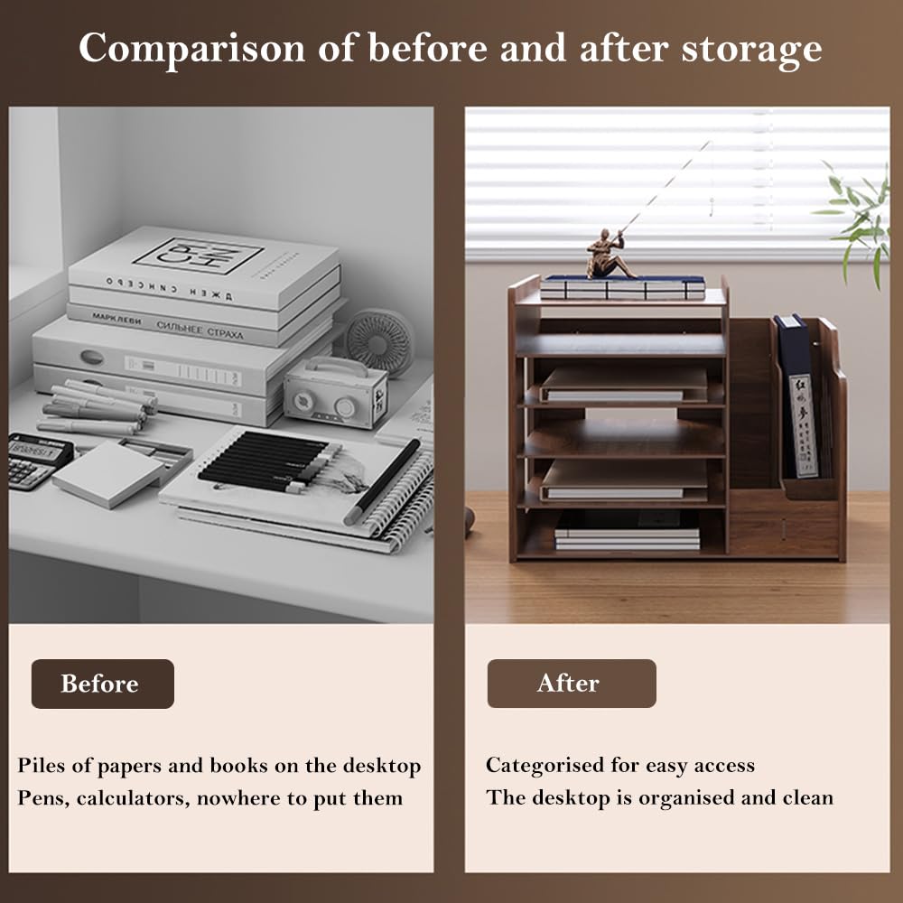 Hggzeg Wooden Desk Organiser, Large Capacity Desktop Organizer File Rack A4 Paper Document Sorter, DIY Office Supplies Storage Box for Home, Office and School (JB07 Walnut Wood) - Image 4