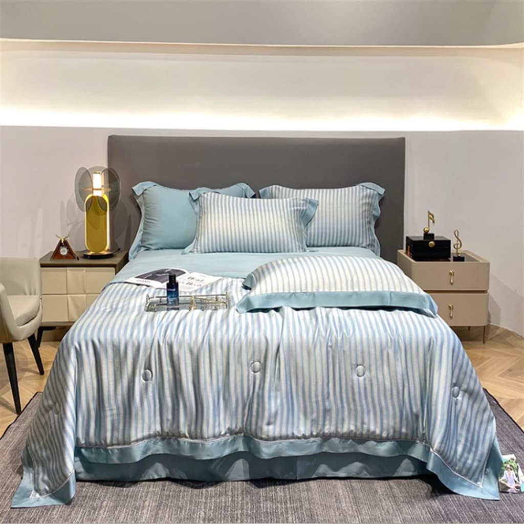 Xinmier Ice Silk Four-Piece Double-Sided 100-piece Printed Tencel Machine Washable Air Conditioner Quilt (Color : Blue, Size : 220 * 240cm)