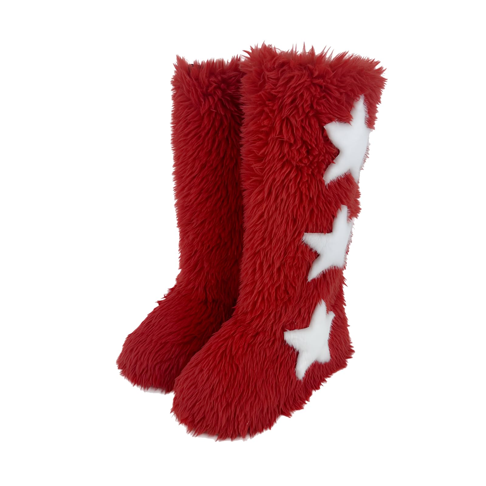 Womens Winter Faux Fur Boots Knee High Warm Snow Boots with Star Decoration Y2K Fuzzy Tall Furry Boots