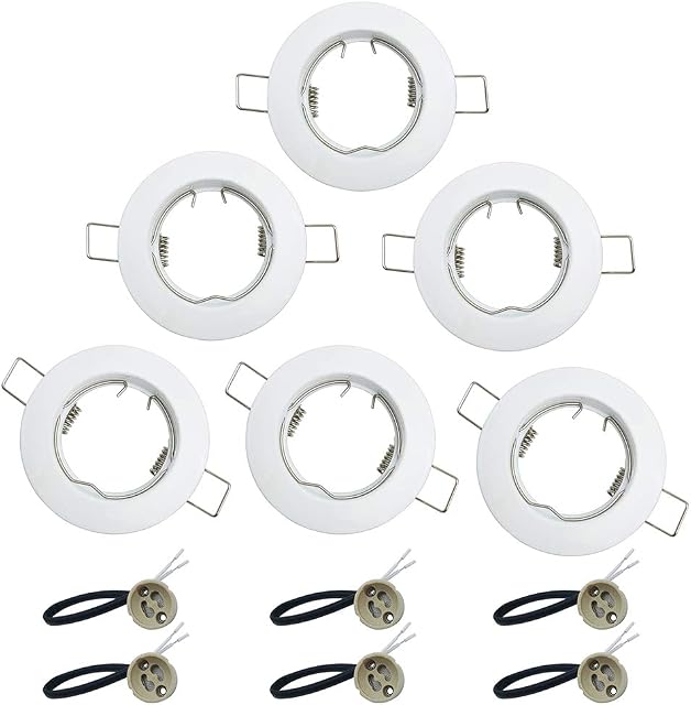 KingYH 6 Pack Round Recessed Spotlights Trim Ring Fitting GU10 Light Mounting Frame with GU10 Lamp Holder for Ceiling Spotlight MR16 and 50mm Bulb Halogen Light Fitting White