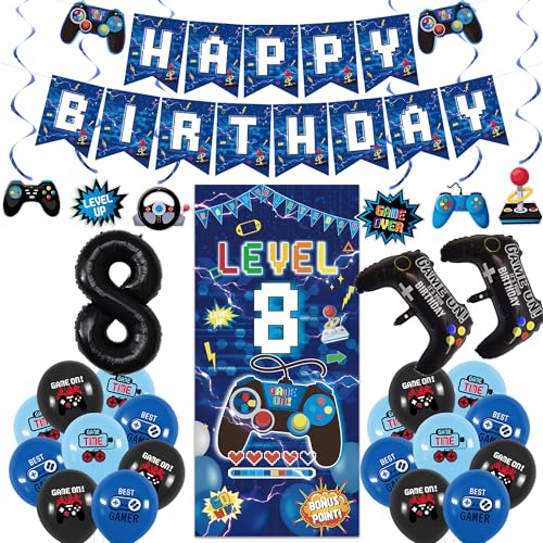 Image of Vlipoeasn Blue 8th Birthday Decorations for Boys, Video Game Level 8 Banner Backdrop Hanging Swirls for 8th Birthday Party, Gamer 8 Years Old Party Supplies