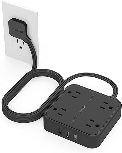 TESSAN - Regleta protectora contra sobretensiones, enchufe plano, cable extensión ultradelgado 10 ft, 3 puertos USB (1 USB C), 4 tomas corriente,