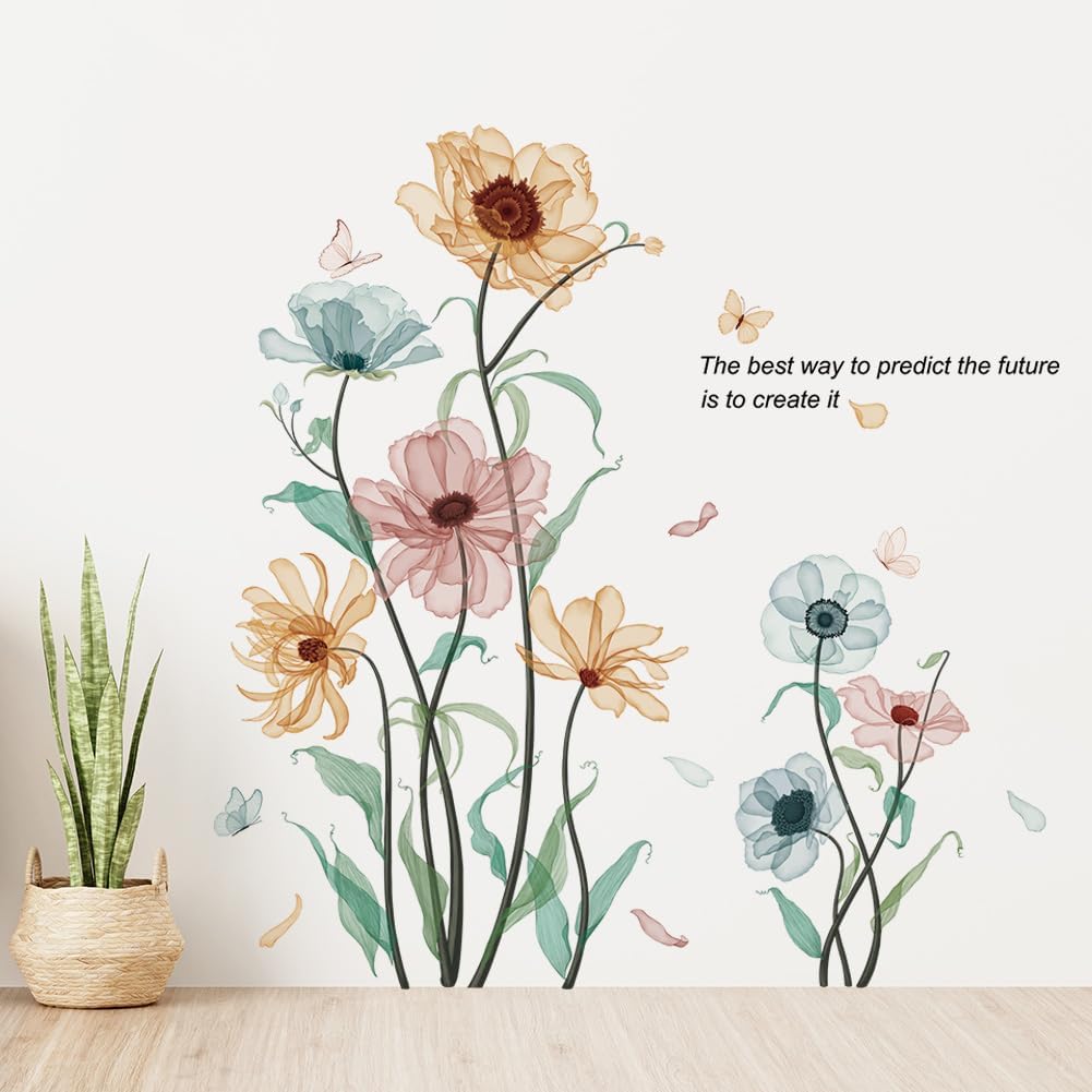Colorful Flowers Wall Decals Watercolor Floral Wall Stickers Peel and Stick Flower Plants Butterfly Home Decor DIY Removable Vinyl Wall Art for Girls Bedroom