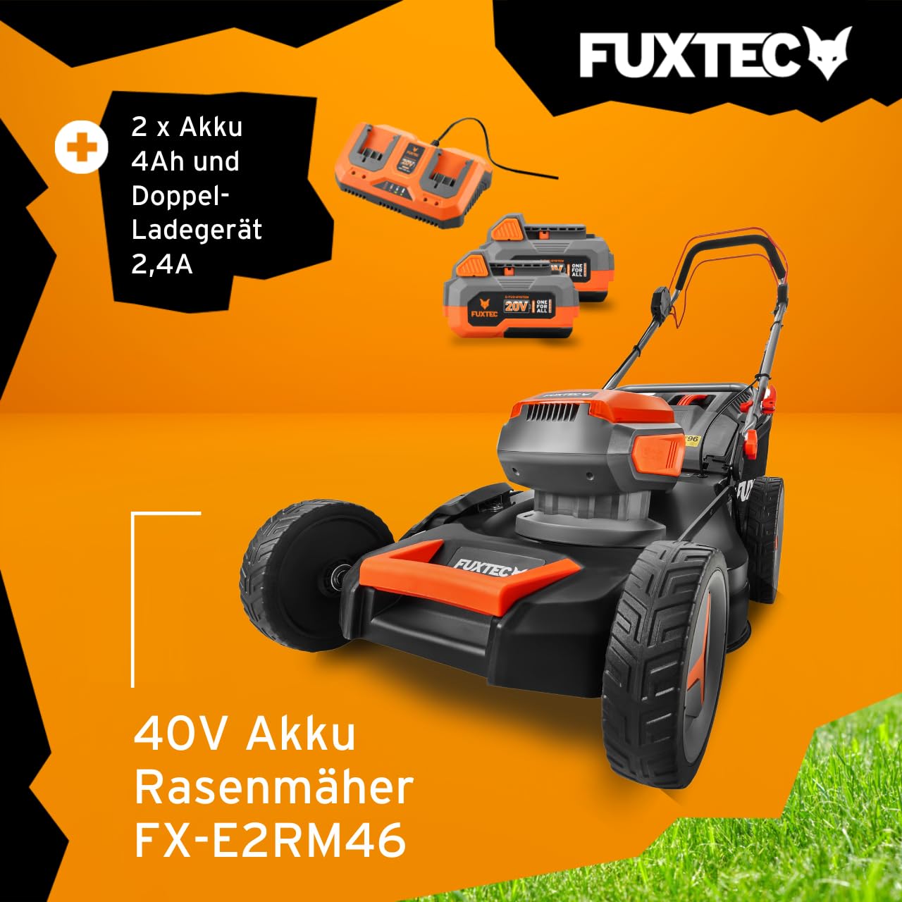 FUXTEC 4in1 Akku Rasenmäher 40V (2x20V) FX-E2RM46 inkl. 2x20V Li-Ion Batterie 4Ah & Doppelladegerät – Schnittbreite 46cm, Schnitthöhe 25-75mm & 50L Grasfangkorb – mit Mulch-Funktion und Seitenauswurf