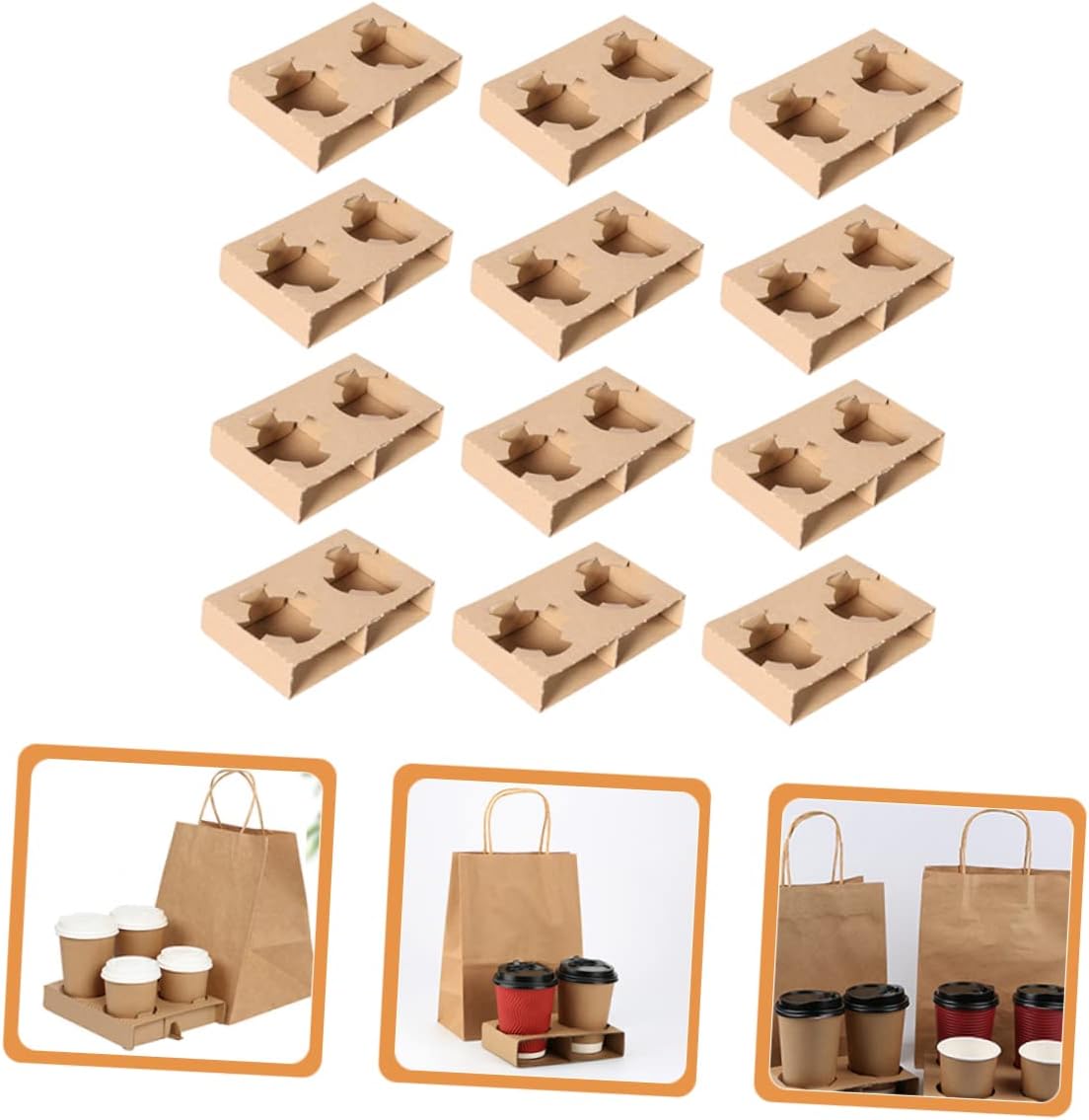 Zerodeko 50pcs Corrugated Paper Drink Carrier Tray for Takeout Double Cup Holder Disposable Milk Tea Packing Tray for Beverages and Food