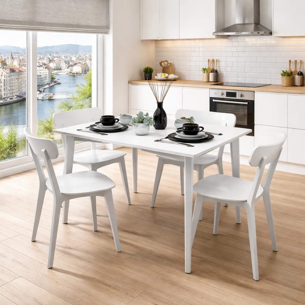 Homely® | Conjunto de Comedor Cody con Mesa Rectangular 120x70 cm. y 4 Sillas, | Madera lacada Blanco | Estilo Nórdico-Escandinavo | Madera Maciza y MDF | Pack de Mesa y sillas Informal y económico