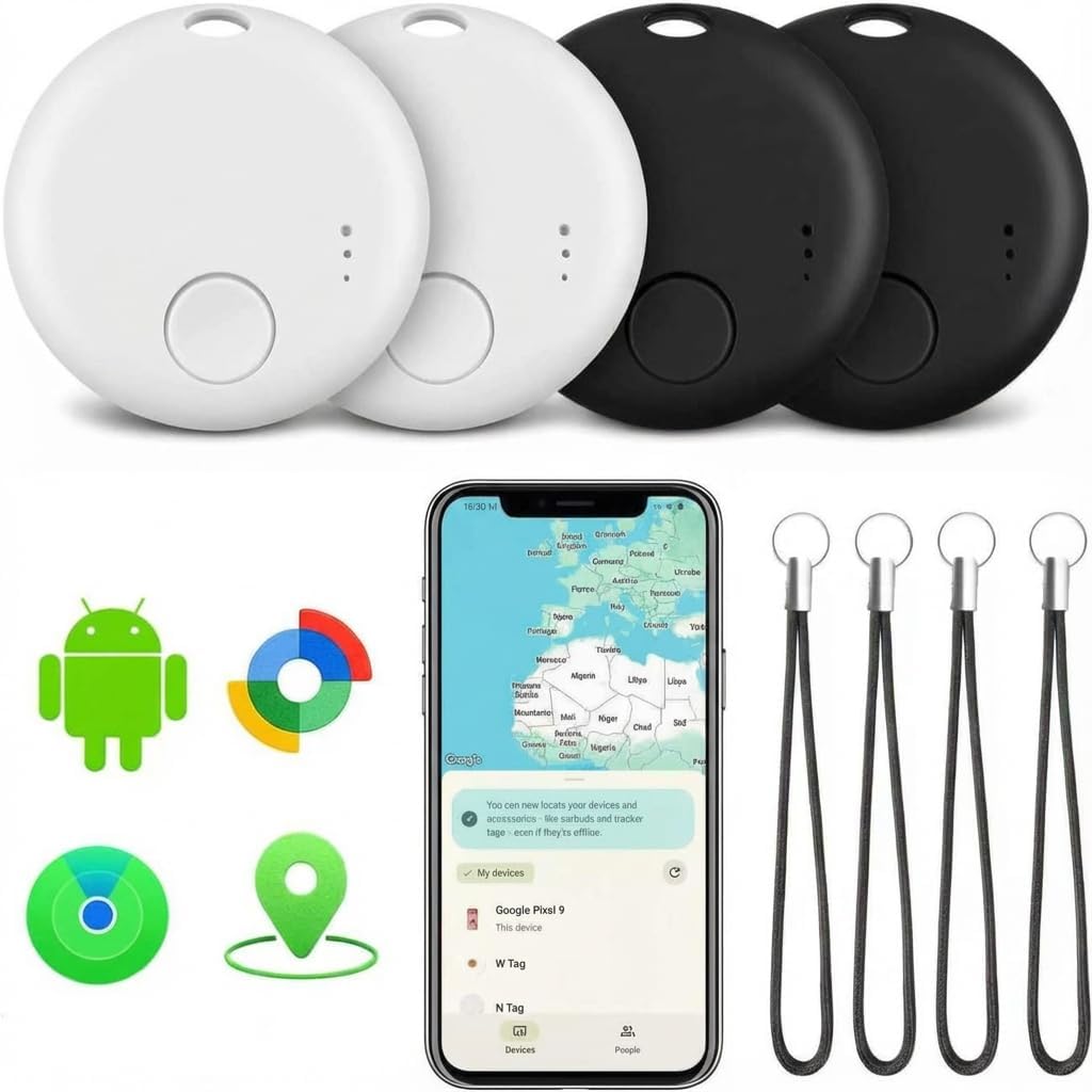 Air Tracker Tags-4 Pack, Bluetooth Tracker with Sound, Compatible with Google’s Find Hub (Android) and Apple Find My (iOS), for Keys, Wallets, Luggage, Pets, No Subscription (2Black+2White)