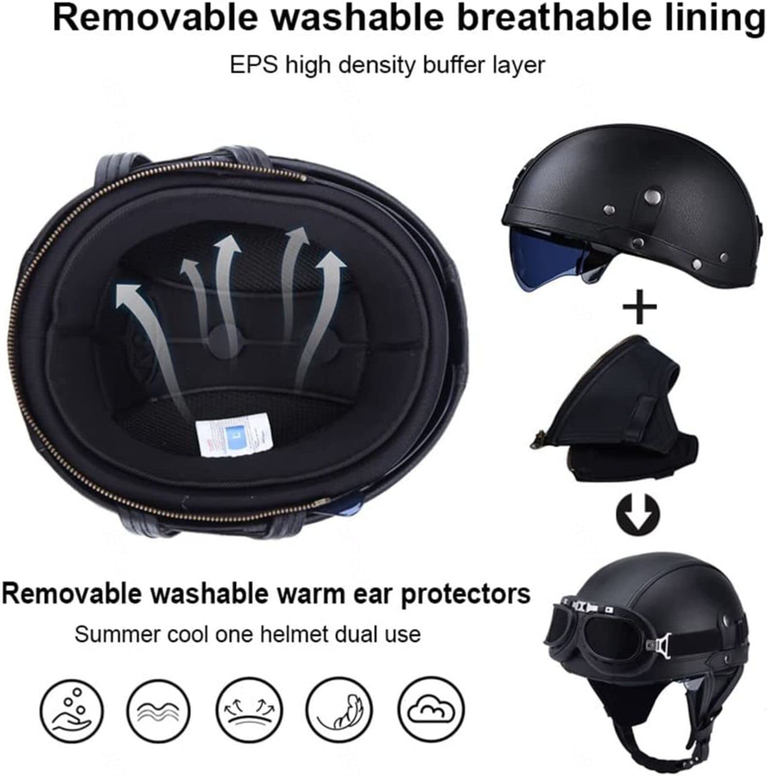 EBAYIN Casque Bol Homologué ECE Casque De Moto Demi-Coque Casque De Jet Vintage Casque De Cyclomoteur en Cuir VisièRe IntéGréE, Casque De Scooter Cruiser Chopper,E-L=（59~60CM）