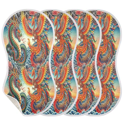 Kigai Dragon and Phoenix Baby Muslin Burp Cloths 4 Pack, Soft 4 Absorbent Layers Cotton Burp Rags for Newborn Girls Boys