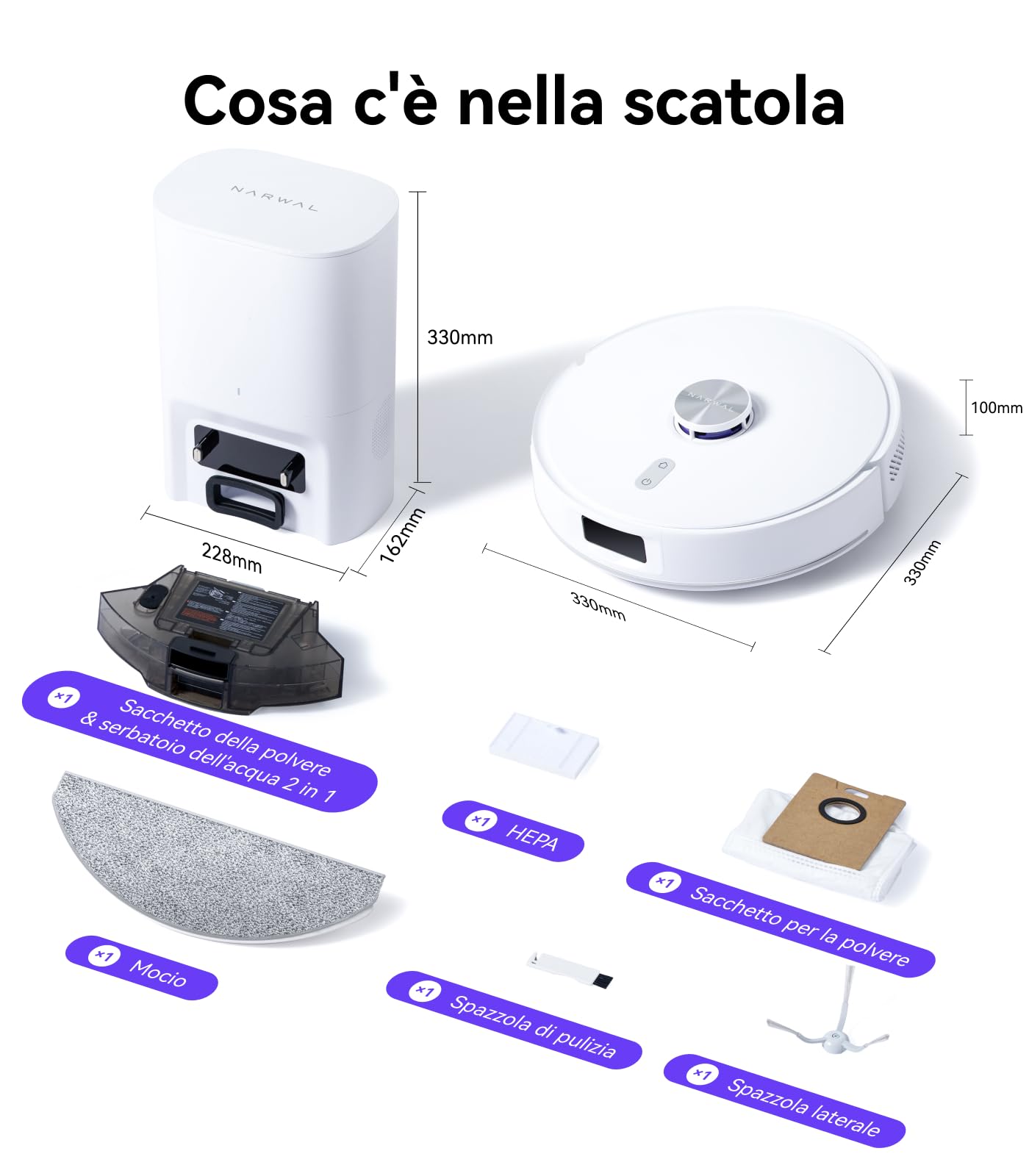NARWAL Freo S Robot Aspirapolvere Lavapavimenti, 8000Pa, Pulizia Efficace a 8N, Stazione di Svuotamento Automatica da 3.5L, Navigazione Laser LDS e Mappatura 3D, Controllo Remoto via APP