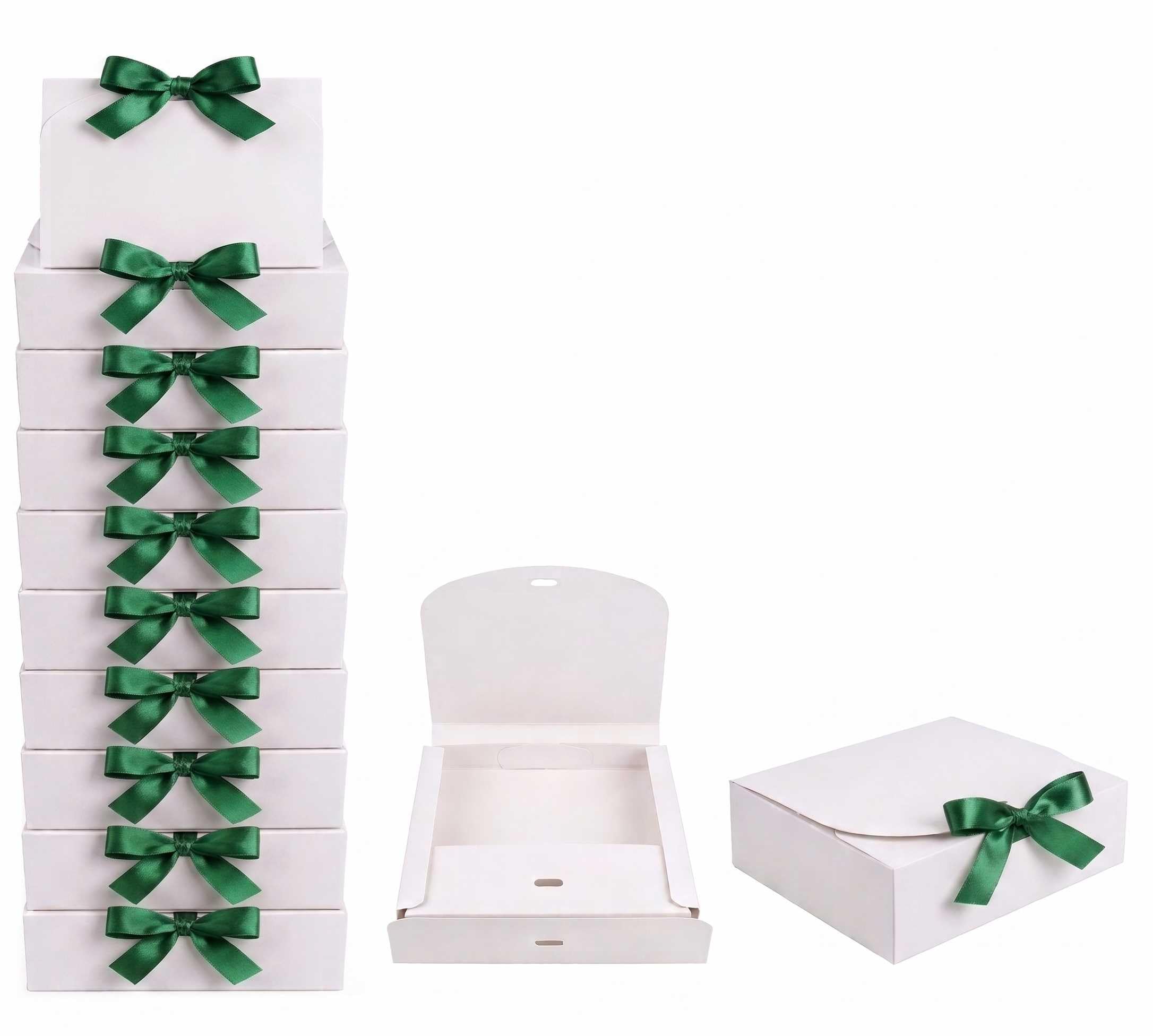 Emartbuy White Kraft Gift Box with Green Ribbon – 24 x 19.5 x 7 cm – Fits Perfume, Beauty Sets & Small Gift Hampers – Birthdays Weddings Christmas Corporate Gifting Trade Wholesale – Pack of 12