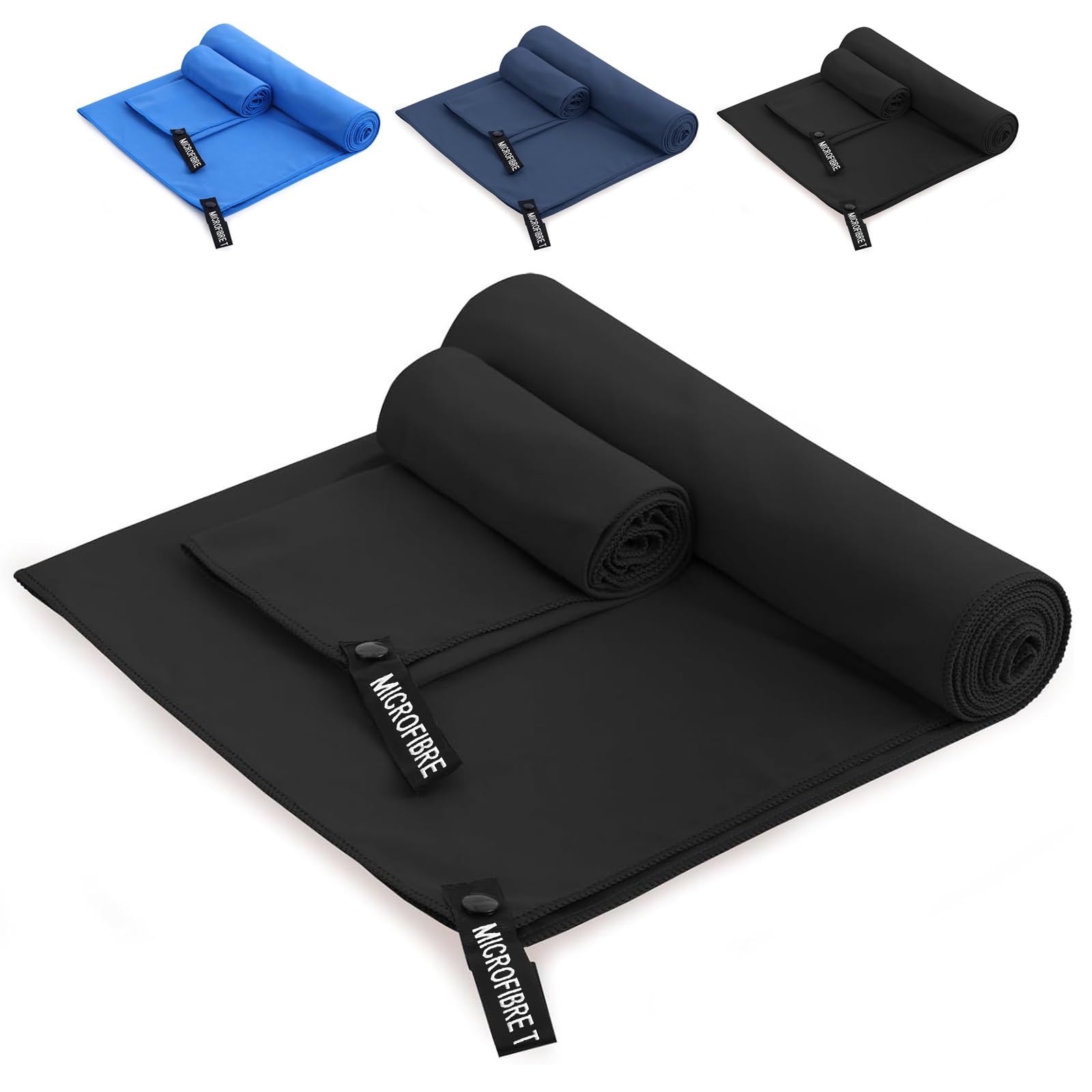 chongning Microfibre Towel, 2 Pack Gym Towel Lightweight & Quick Dry 160x80cm+80x40cm, Super Absorbent Compact Swimming and Beach Towel for Sports Gym Beach Camping Yoga Hiking (Black)
