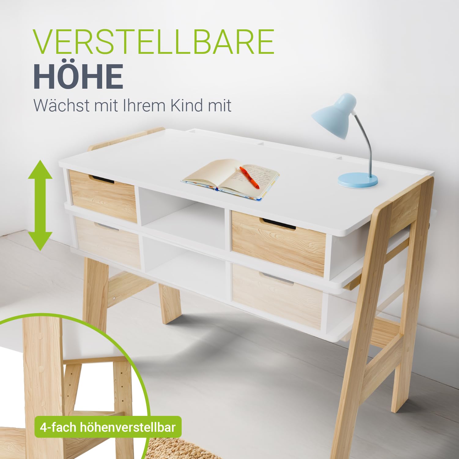 Juskys Kinderschreibtisch Fietje - Höhenverstellbarer Schreibtisch für Kinder, aus Holz, mit 2 Schubladen und viel Stauraum - Lerntisch in Weiß