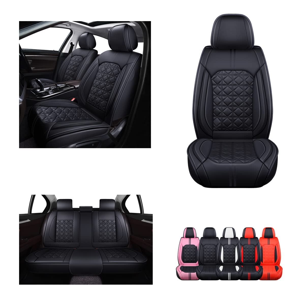 OASIS AUTO Car Seat Covers Premium Waterproof Faux Leather Cushion Universal Accessories Fit SUV Truck Sedan Automotive Vehicle Auto Interior Protector Full Set (OS-010 Black)