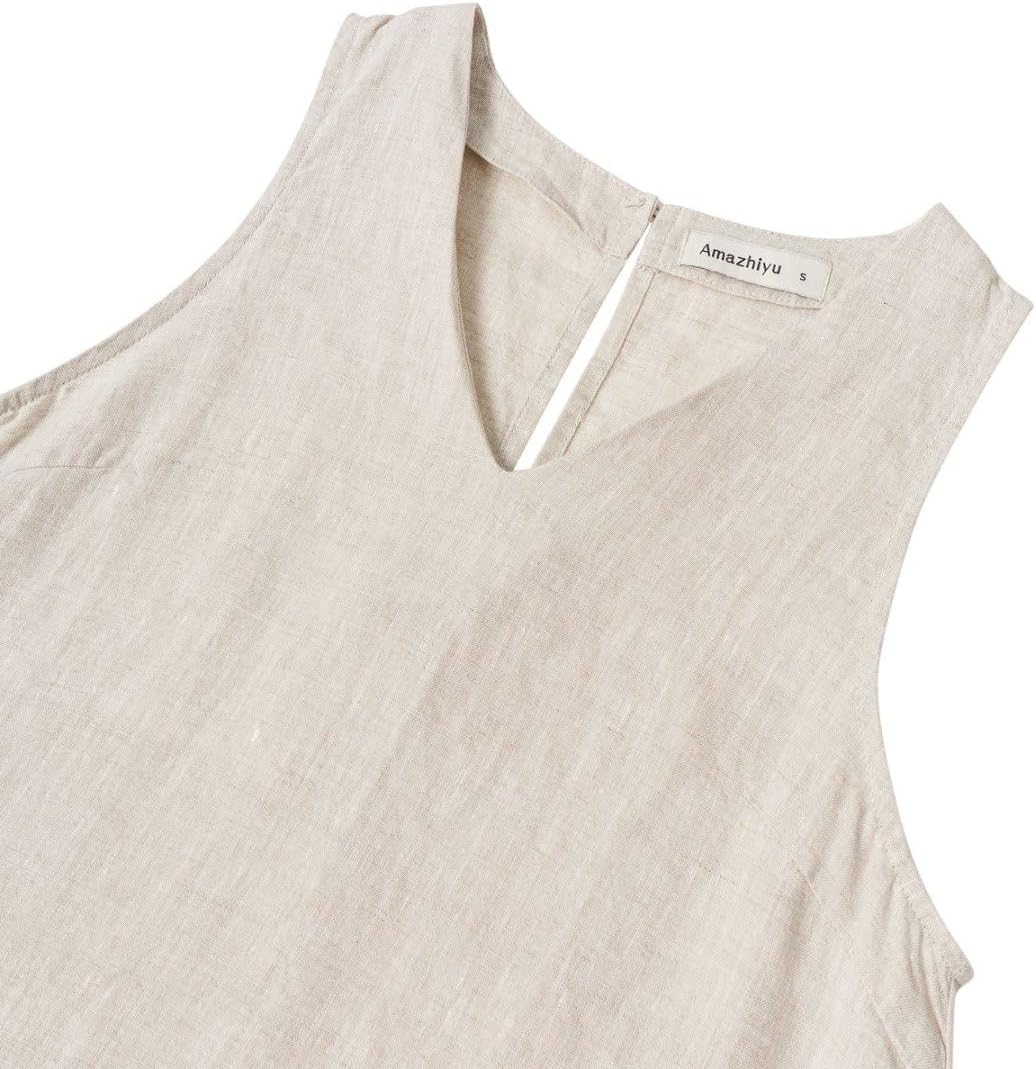 Amazhiyu Womens 100% Linen Summer V Neck Sleeveless Back Keyhole Mini Tank Dress - Image 4