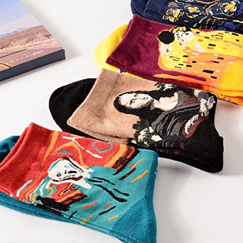 Image of HSELL 4 Packs Women Casual Funny Famous Painting Artwork Print Crew Socks Cotton, Blue,One Size